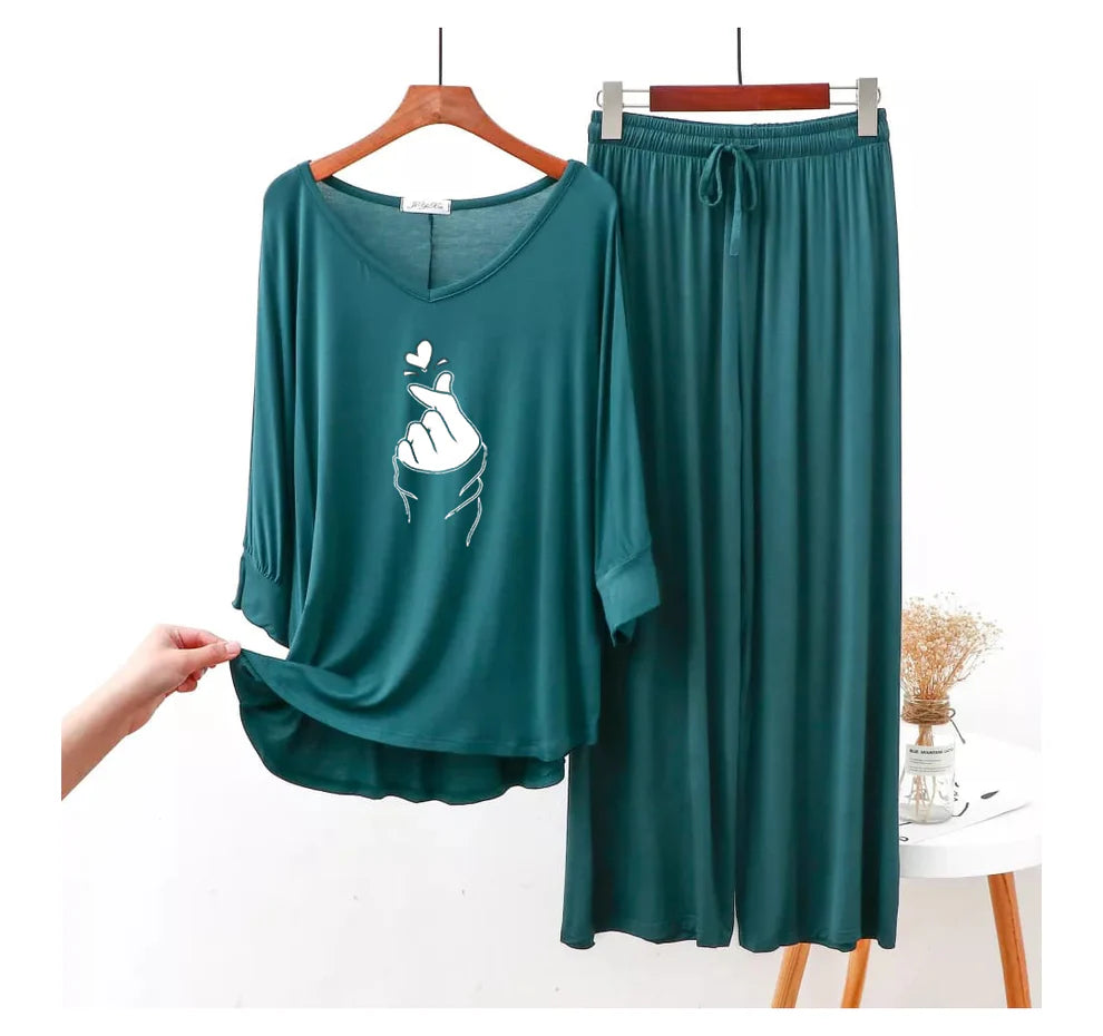 Persian Blue K-Pop Heart V-Neck Women Night Suit PJ Set