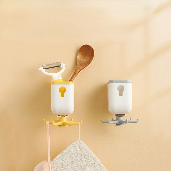 360 Degree Rotating Wall Mounted Self Adhesive Hanging Hook with Storage Box Organizer Holder For Kitchen Use