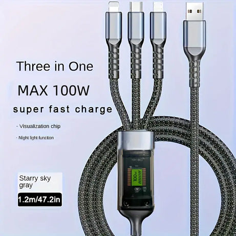 3 in 1 Multiple Interfaces 100W USB Charging Cable with Intelligent Support and Visual Power For Home and Outdoor Use