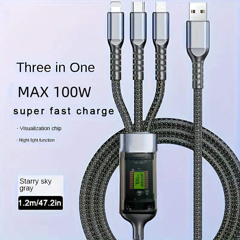 3 in 1 Multiple Interfaces 100W USB Charging Cable with Intelligent Support and Visual Power For Home and Outdoor Use