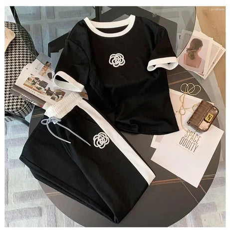 Flower Style Track Suit (Black) – Round Neck Half Sleeves T-Shirt and Trouser Suit for Women