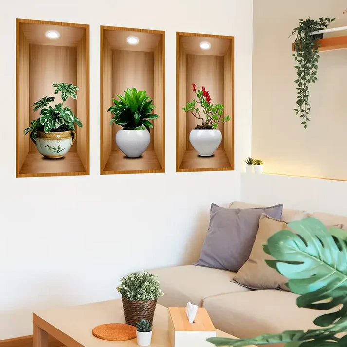 New Year Sale - 3D Plant Wall Stickers look like real decorative wall niches with plant vase and soft spotlight