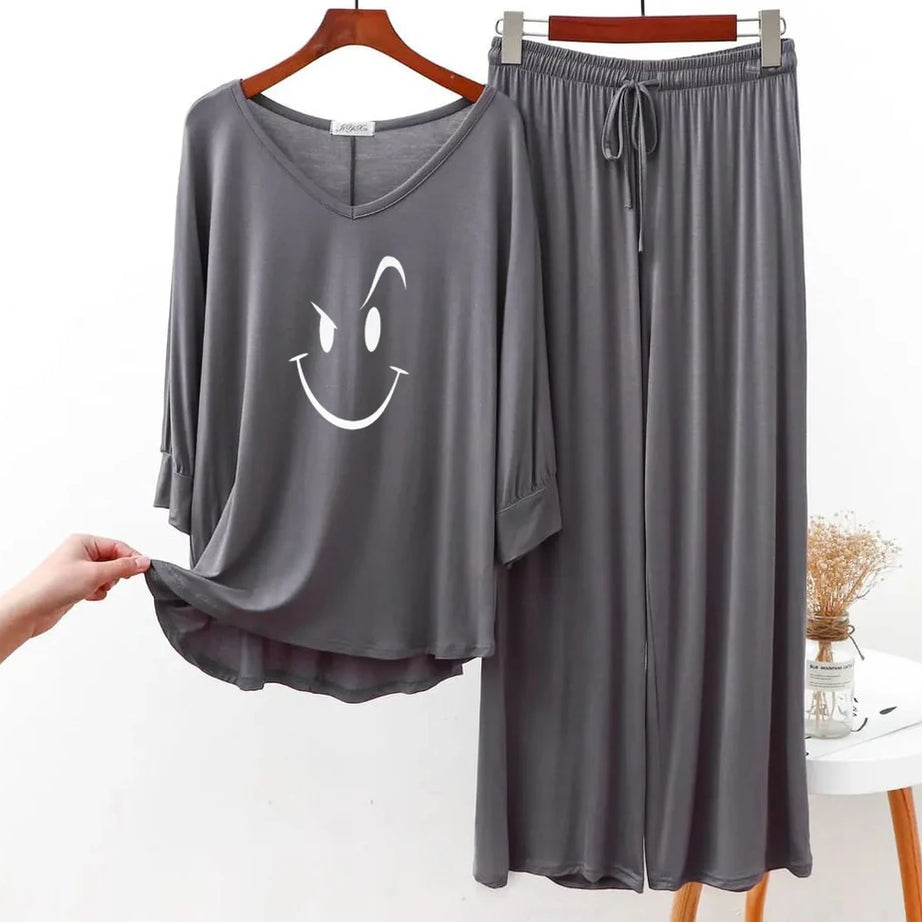 Plain Gray Smiley Face V-Neck with Plazzo Pajama Full Sleeves Suit