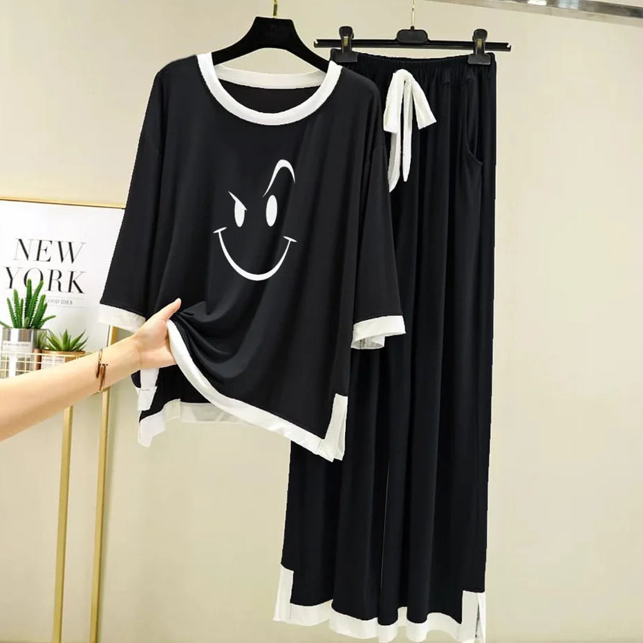 Black Smiley Face White Round Neck Plazzo PJ Set