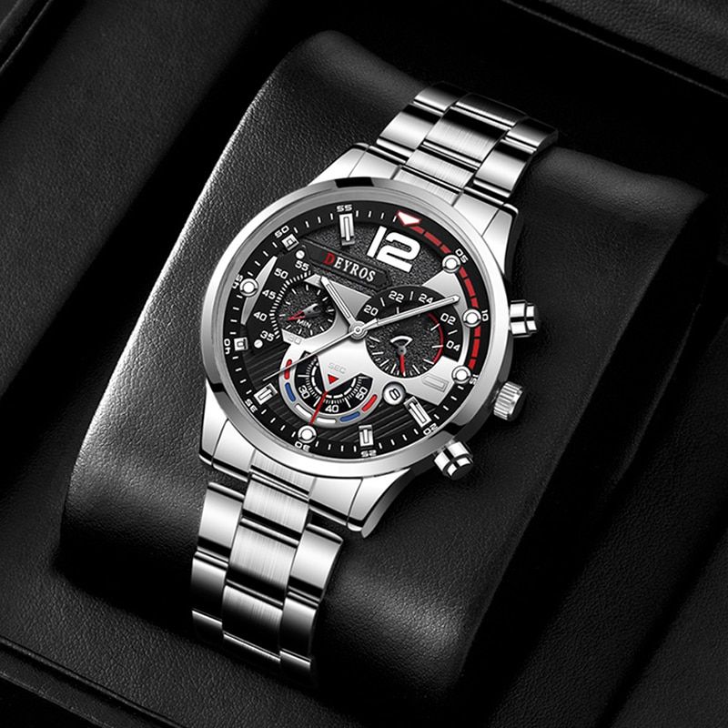 Deyros Stainless Steel Calendar Luminous Clock Dial Analog Luxury Quartz Wristwatch For Men