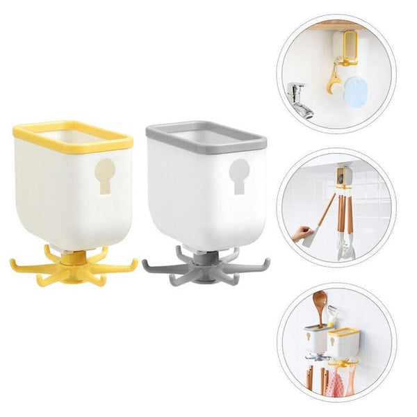 360 Degree Rotating Wall Mounted Self Adhesive Hanging Hook with Storage Box Organizer Holder For Kitchen Use