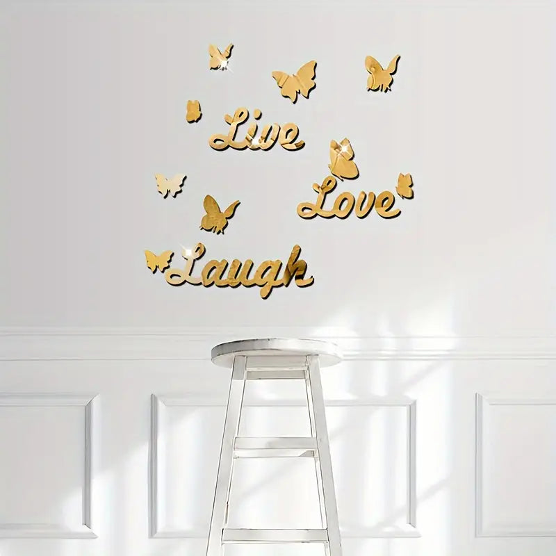 Three Dimensional 3D Letters Love Live Laugh with Butterfly Self Adhesive Mirror Wall Decals Stickers Set For Home Decoration