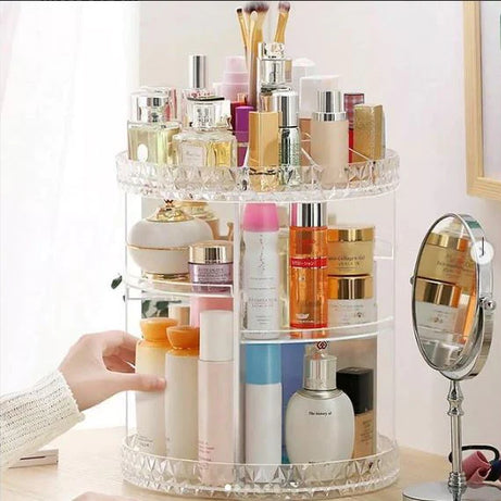 Makeup Organizer 360-Degree Rotating Cosmetic Storage Box with Adjustable & Large Capacity in Diamond Pattern