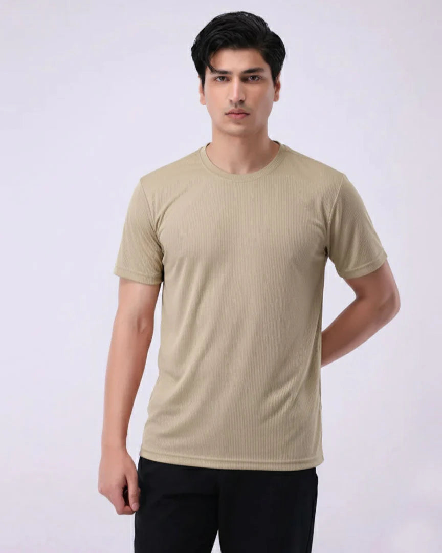 Imported Lycra Textured T-Shirt – Sand Beige