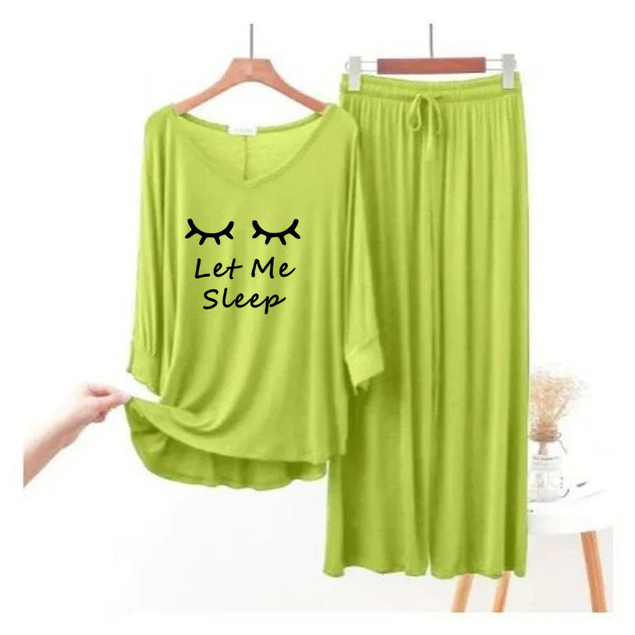 Lemon Green “Let Me Sleep” V-Neck Women Night Suit PJ Set