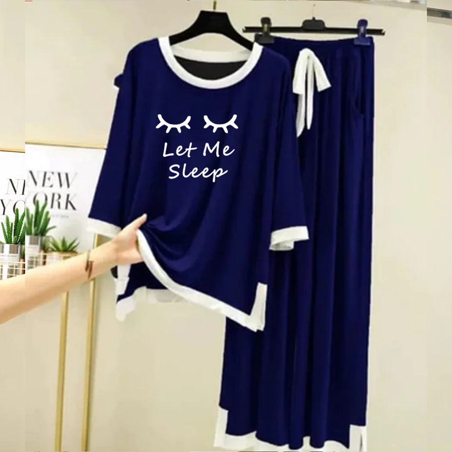Navy Blue “Let Me Sleep” White Round Neck Plazzo PJ Set