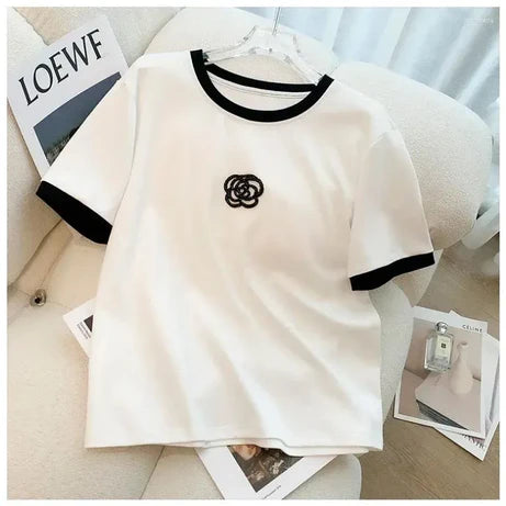 Flower Style Track Suit (White) – Round Neck Half Sleeves T-Shirt and Trouser Suit for Women