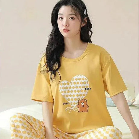 Yellow White Heart Printed Half Sleeves Shirt and Printed Trouser Night Suit