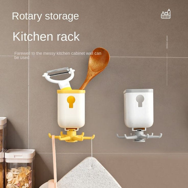 360 Degree Rotating Wall Mounted Self Adhesive Hanging Hook with Storage Box Organizer Holder For Kitchen Use