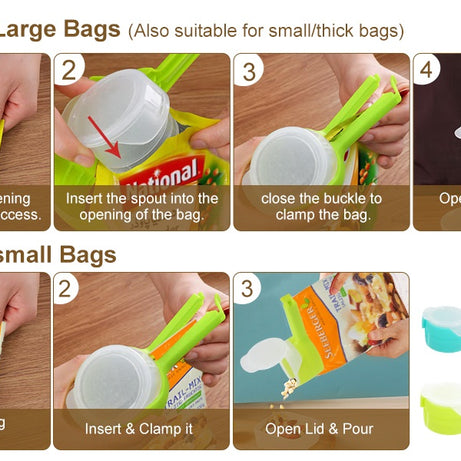 (Pack of 3) Multi Purpose Plastic Dust and Moisture Proof Food Bag Sealing Clips with Dispensing Nozzle for Storing Cereals and More