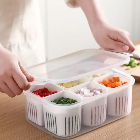 6-In-1 Kitchen Storage Box with Drain Basket – Refrigerator Fresh Keeping Food Container