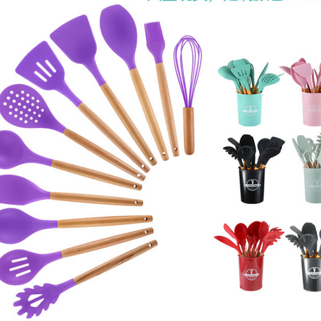 12 PCs Non stick Silicone Cooking Set-Fresh with Wooden Handle Cooking Tool Set
