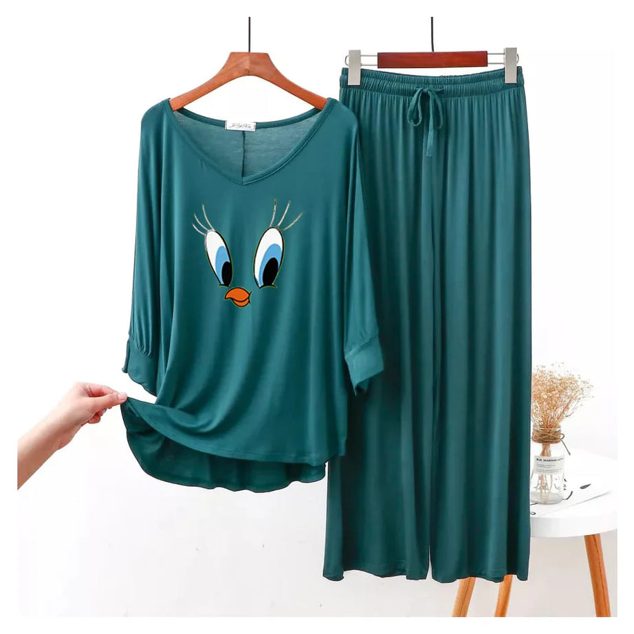 Persian Blue Daffy Duck V-Neck Women Night Suit PJ Set