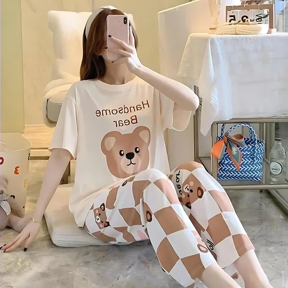 Handsome Bear Printed Cute Nightwear