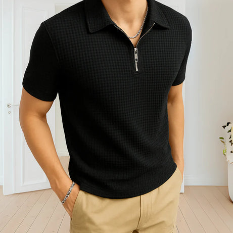 Waffle Knitted Zipper Polo – BLACK