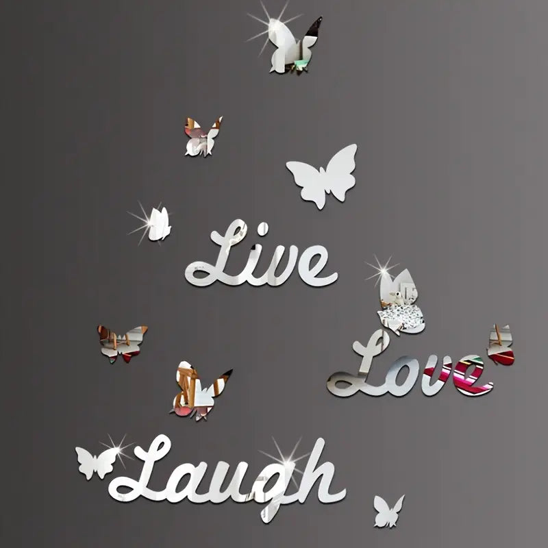 Three Dimensional 3D Letters Love Live Laugh with Butterfly Self Adhesive Mirror Wall Decals Stickers Set For Home Decoration