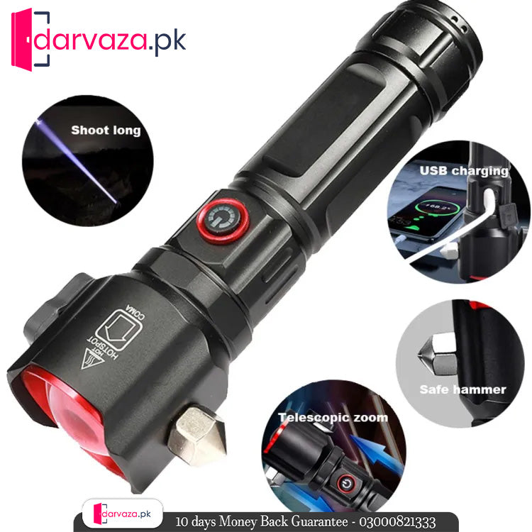 Super Bright Metal FlashLight Torch with adjustable focus Hammer and Mobile Power Bank