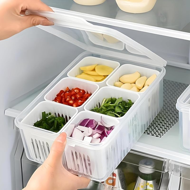 6-In-1 Kitchen Storage Box with Drain Basket – Refrigerator Fresh Keeping Food Container