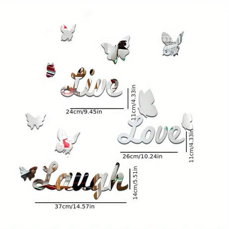 Three Dimensional 3D Letters Love Live Laugh with Butterfly Self Adhesive Mirror Wall Decals Stickers Set For Home Decoration
