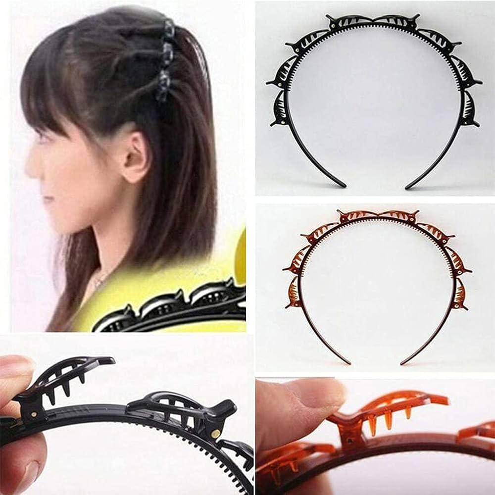 (Pack of 3) Double Layer Twist Plait Fashion Hair Hoop Headband with 8 Small Clips For Women