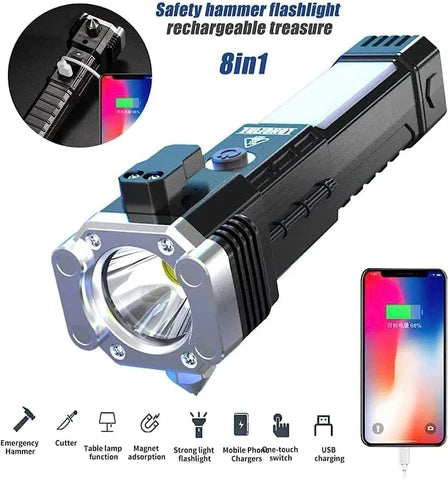 Rechargeable Long Distance Beam Range Car Rescue Torch with Hammer Window Glass and Seat Belt Cutter Built in Mobile USB Fast Charger Power Bank
