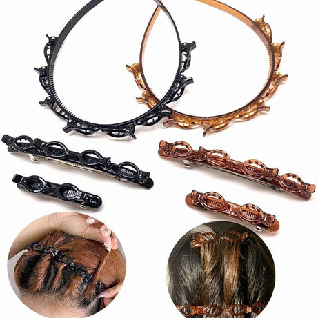 (Pack of 3) Double Layer Twist Plait Fashion Hair Hoop Headband with 8 Small Clips For Women