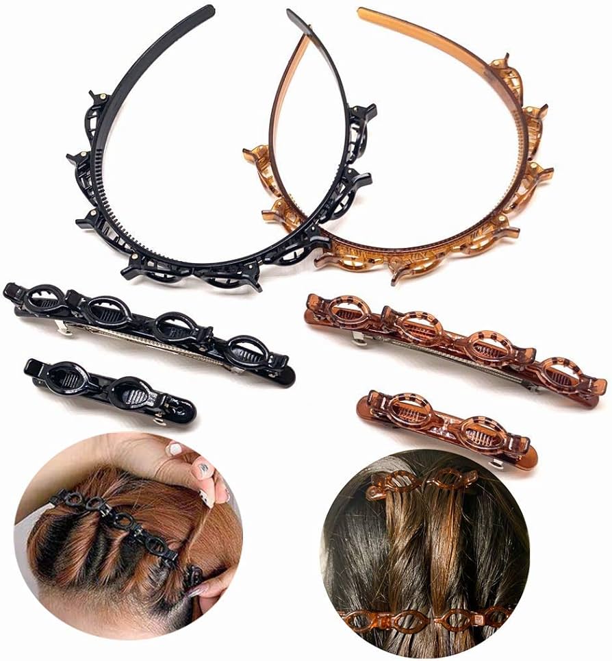 (Pack of 3) Double Layer Twist Plait Fashion Hair Hoop Headband with 8 Small Clips For Women