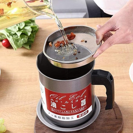 Stainless Steel 1.4L Oil Filter Pot with Strainer Frying Oil Filter Container