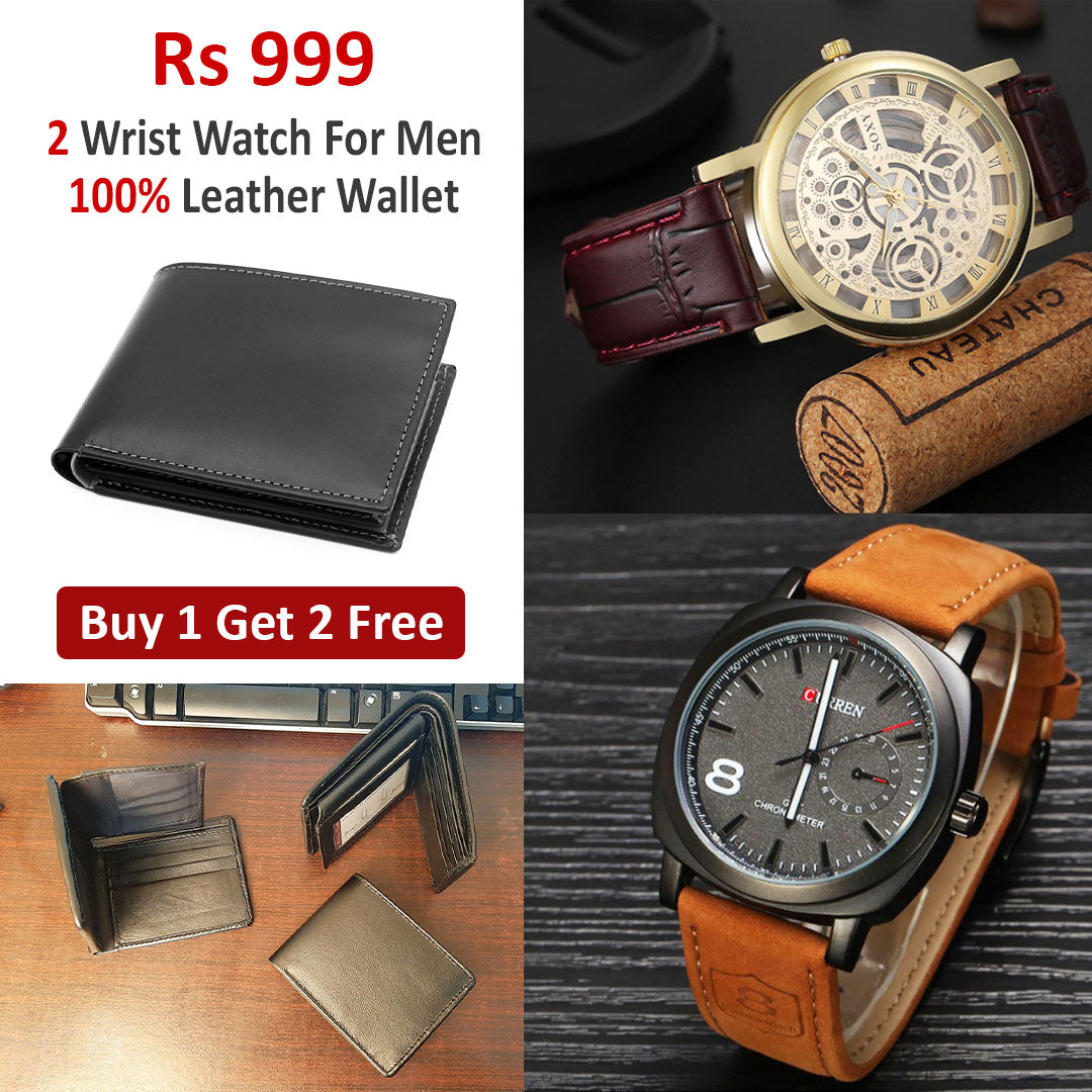 Buy 1 Get 2 Free Deal 2 Imported Leather Strap Wrist Watches & Original Leather Wallets For Men