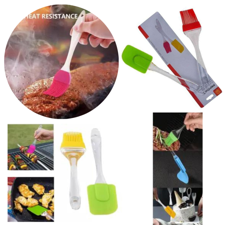 2 Pcs Silicone Transparent Handle Oil Brush and Spatula For Cooking Baking BBQ Tool Set