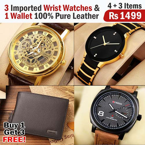 Buy 1 Get 3 Free Deal 3 Wrist Watches & 1 Original Leather Wallet Rs 1499