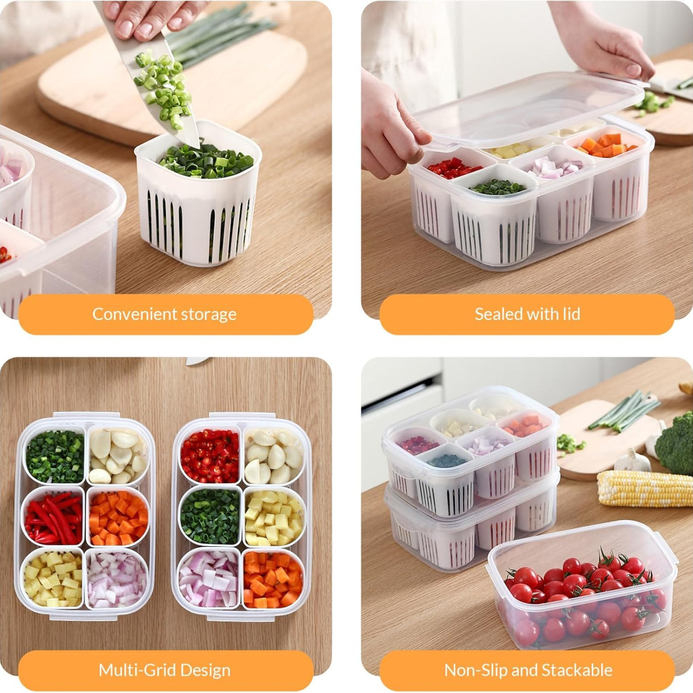 6-In-1 Kitchen Storage Box with Drain Basket – Refrigerator Fresh Keeping Food Container