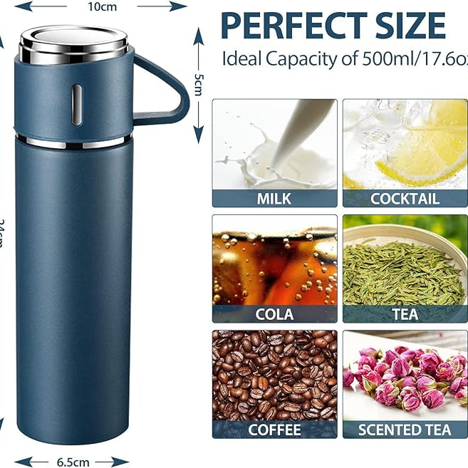 4in1 Stainless Steel Water Bottle 500ml Double Walled Vacuum with 3 Pcs Leak-proof Cups for Gym Home Office and Outdoor Use
