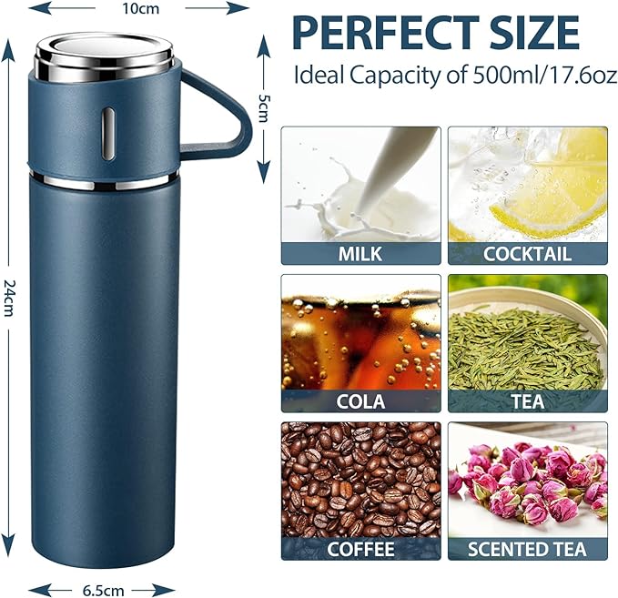 4in1 Stainless Steel Water Bottle 500ml Double Walled Vacuum with 3 Pcs Leak-proof Cups for Gym Home Office and Outdoor Use