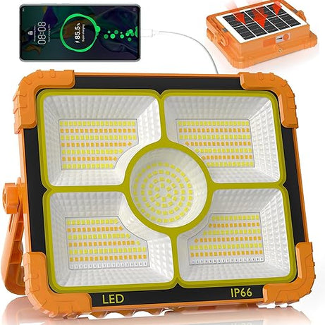 Heavy Duty Portable 100W Rechargeable Work Light with Solar Panel and 5 Modes IP66 Waterproof for Fishing Hiking Repairing