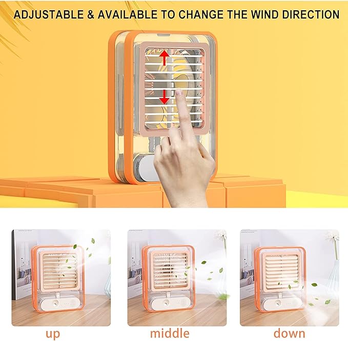 Portable Usb Rechargeable Air Conditioner Fan with 500 ml Water Tank with Mini Humidifier Fan and 7 Colors LED Light, 3 Timer, 3 Wind Speeds, 3 Spray Modes for Office & Home