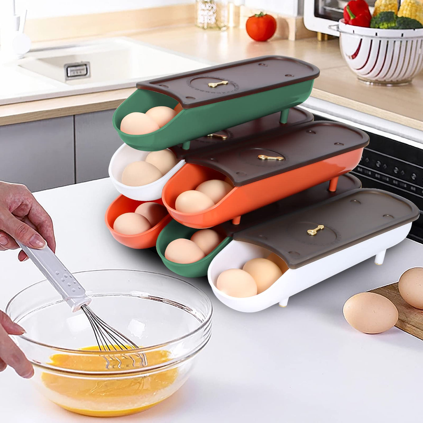 Sliding Egg Storage Box with Lid for Fridge, Stackable Kitchen Egg Trays
