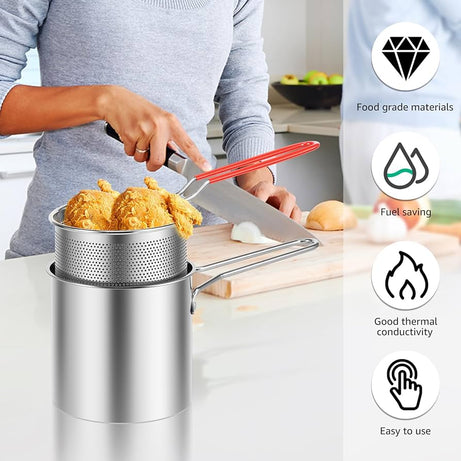 Multi Functional Stainless Steel Rust Resistant 1200ML Deep Fryer Pot with Strainer Basket and Long Handle Kitchen Oil Frying Pot Kettle for Home Use