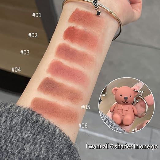 (Pack of 6) Teddy Keychain Makeup Lipstick Gloss with Different Colors For Women