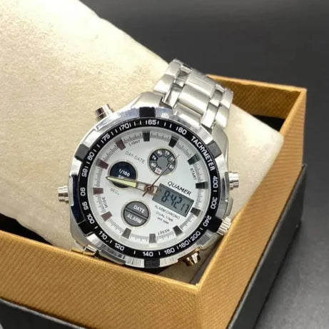 Luxury Dual Time Analog Digital Wrist Watch with Steel Strap