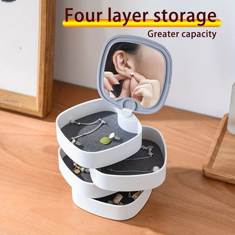 360 Rotating Jewelry Organizer Box With Mirror with 4 Layer Creative Jewelry Storage Box For Earrings Ring Bracelet Lipstick Etc