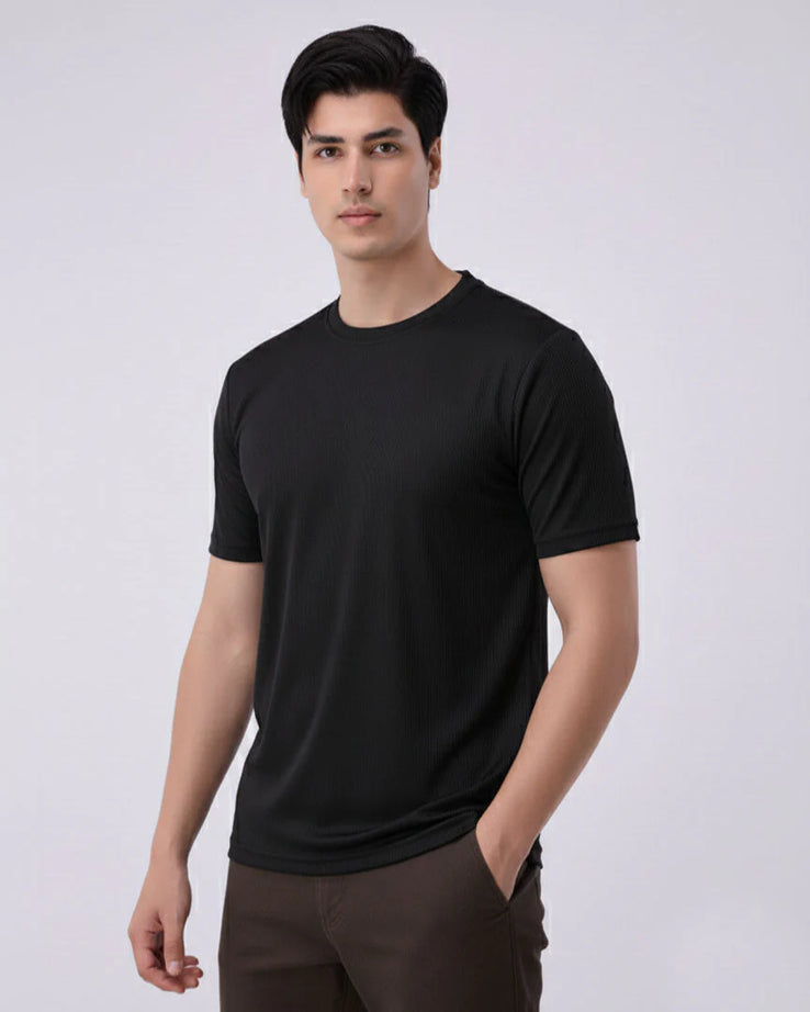 Imported Lycra Textured T-Shirt – Black