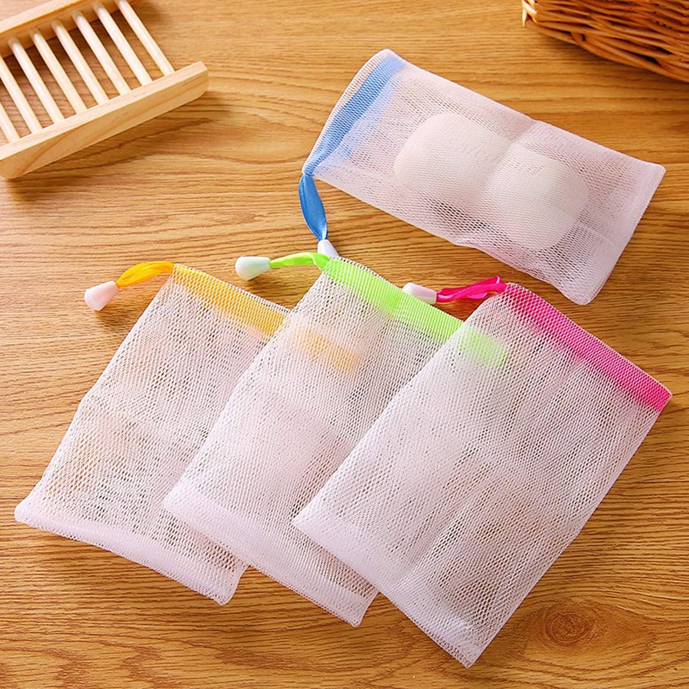 Pack of 3 Soap Net Mesh Pouch – Exfoliating Soap Saver Bags (Random Colors)