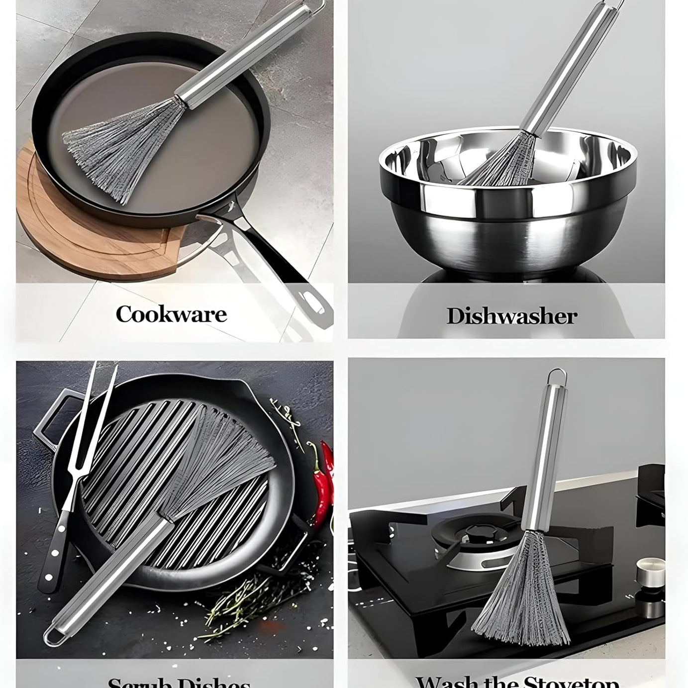 (Pack of 2) Multifunctional Long Handle Stainless Steel Pot Cleaning Brush Tool for Kitchen Use