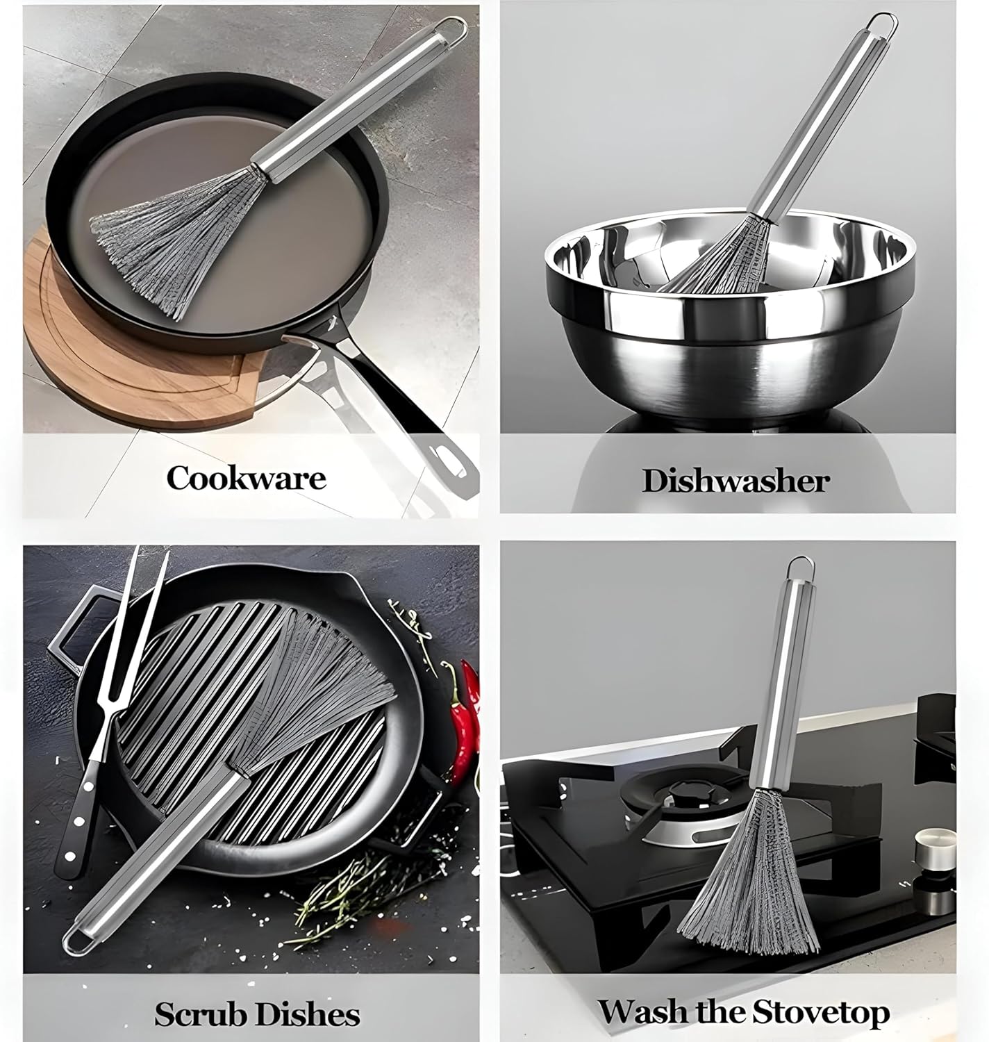 (Pack of 2) Multifunctional Long Handle Stainless Steel Pot Cleaning Brush Tool for Kitchen Use